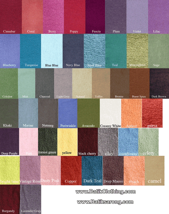 Color chart for all fabric and knitting from Bali Indonesia